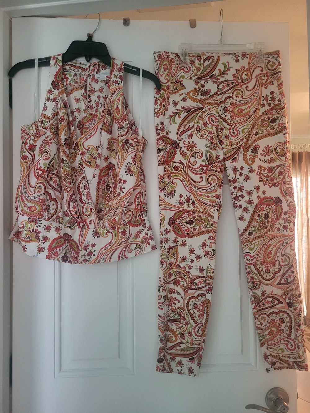 New York & Company White Paisley Halter Style Top and Pants Set. - Picture 1 of 14